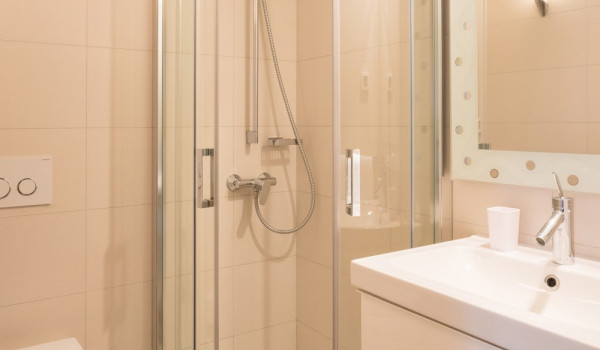 Shower and sink in the bathroom of the vacation villa with private beach in Dubrovnik