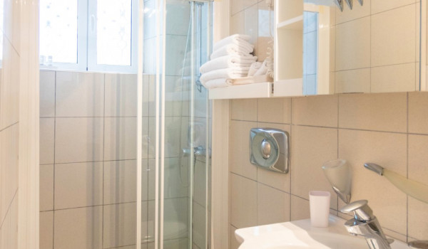Shower and sink in the bathroom of the vacation villa with private beach in Dubrovnik