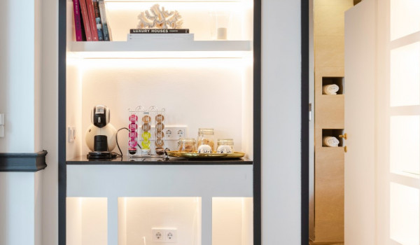 Coffee station in the bedroom of the luxury vacation villa with private pool and beach