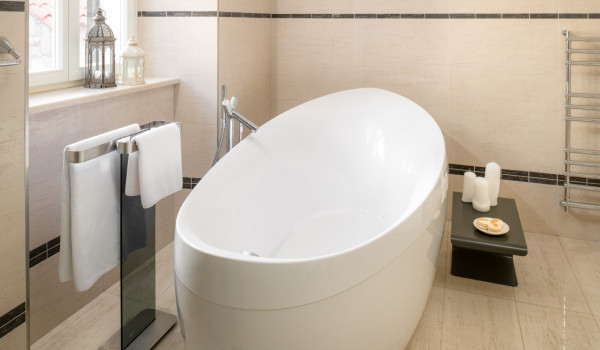 Bathroom of Croatia luxury pool villa with designer bathtub and towels for vacation and rent
