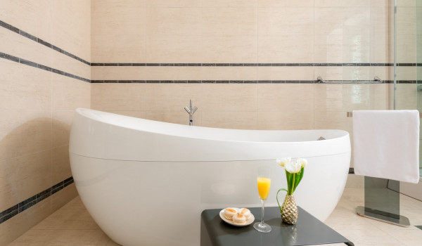 Bathroom of Croatia luxury pool villa with designer bathtub and towels for vacation and rent