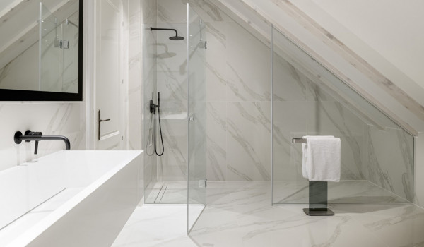 Bathroom of Croatia luxury villa for rent with shower cabin and sink with mirror in Dubrovnik