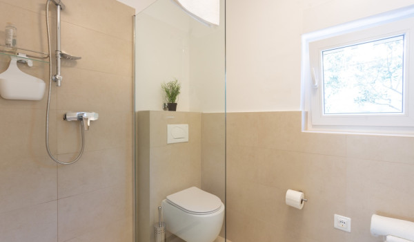 Walk in shower in a bathroom of a family villa Sea Hug