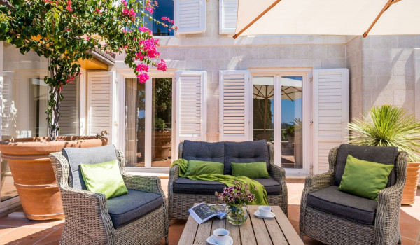 Seating area on the terrace of the luxury vacation villa at the beach in Dubrovnik