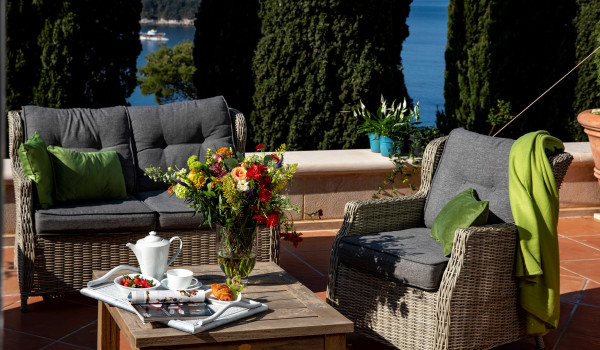 Seating area on the terrace of the luxury vacation villa at the beach in Dubrovnik