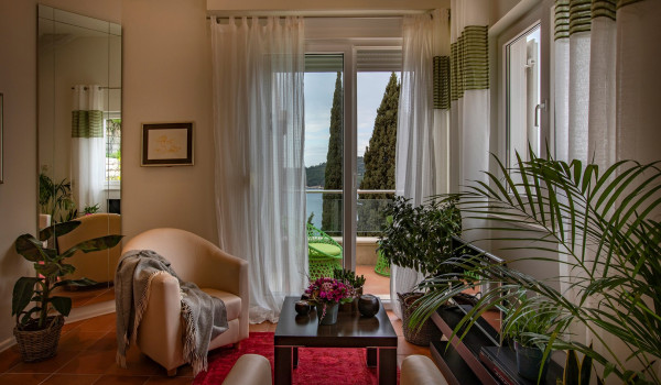 Indoor seating area of the luxury vacation villa by the sea in Dubrovnik