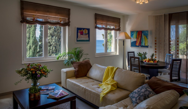 Indoor seating area of the luxury vacation villa by the sea in Dubrovnik