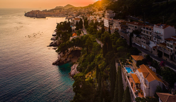 Aerial view of Croatia luxury beachfront villa Dubrovnik Palace with private pool and jacuzzi