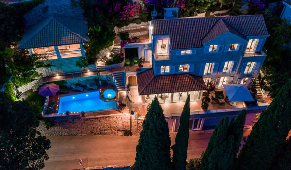 Aerial view of the luxury beachfront villa Dubrovnik Palace with private pool and jacuzzi in Dubrovnik