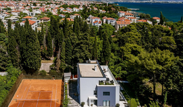 Aerial view of the property and surroundings of the Croatian luxury villa with pool in Split