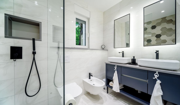 Modern interior of en suite bathroom with walk in shower inside Croatian luxury holiday villa
