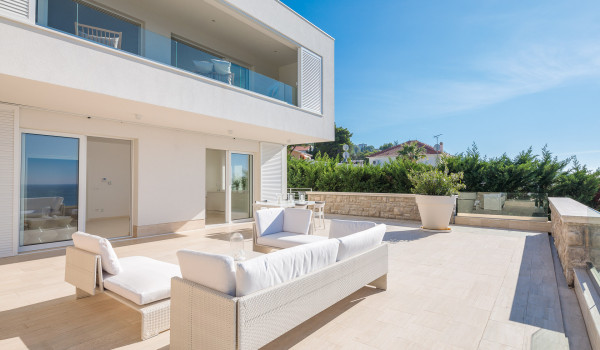 Comfortable seating on the spacious outdoor terrace of the luxury family vacation villa Primosten Glamour