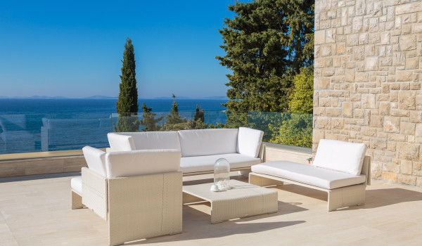 Seating set with a view of the sea on the outdoor terrace of the luxury villa for rent and vacation Primosten Glamour