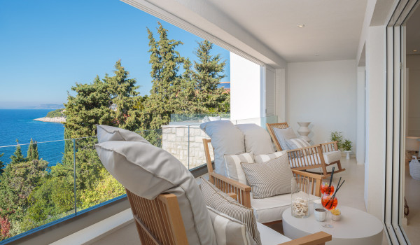 Balcony in the luxury sea view villa with pool Primosten Glamour with comfortable armchairs and table