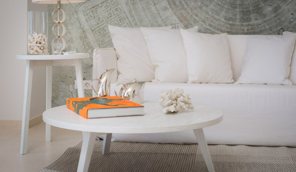 A view of a white sofa with a coffee table in the living room of Croatia luxury villa with private pool Primosten Glamour