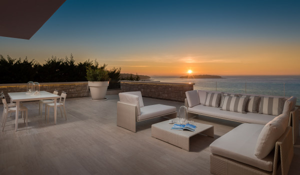 Impressive sunset from the outdoor terrace with lounge area of Croatia luxury villa for rent in Primosten
