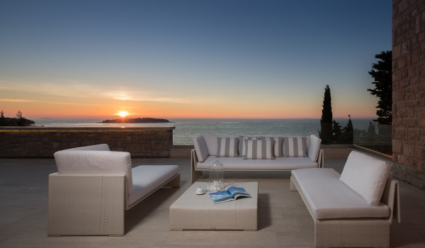 Outdoor terrace with seating table and sea view in the luxury Dalmatia villa with private pool in Primosten