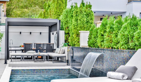 Luxury Beachfront pet friendly villa for 16 pax in Trogir - outdoor heated pool with hydromassage pumps, counter-current swimming, and a waterfall.