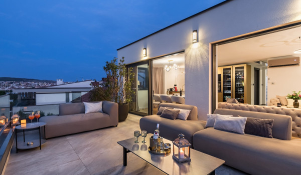 Luxury villa for a family vacation in Trogir - outdoor seating area with sea view