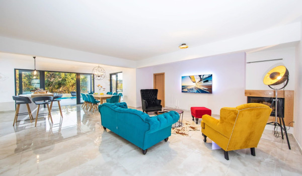 Open space dining and living room in the luxury vacation villa for families with kids near Dubrovnik