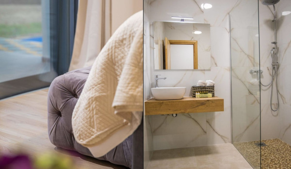 En suite bathroom with walk-in shower of a luxury family villa near Dubrovnik with private pool